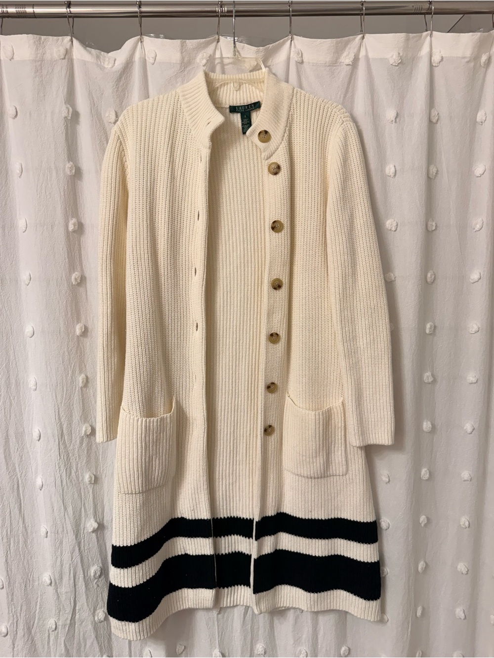 Ralph Lauren Cream Ribbed Button Cardigan with Tortoiseshell Button